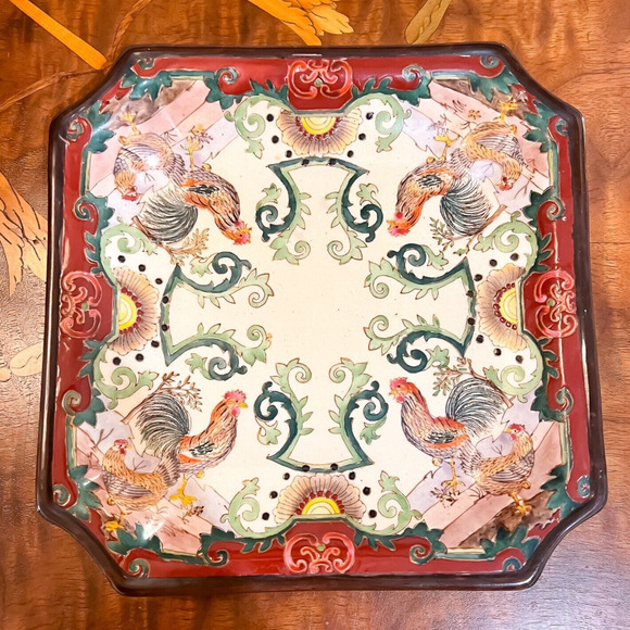 No Brand Other - Vintage 8in Chinoiserie Asian Ceramic Rooster Square Plate Red Green Cream